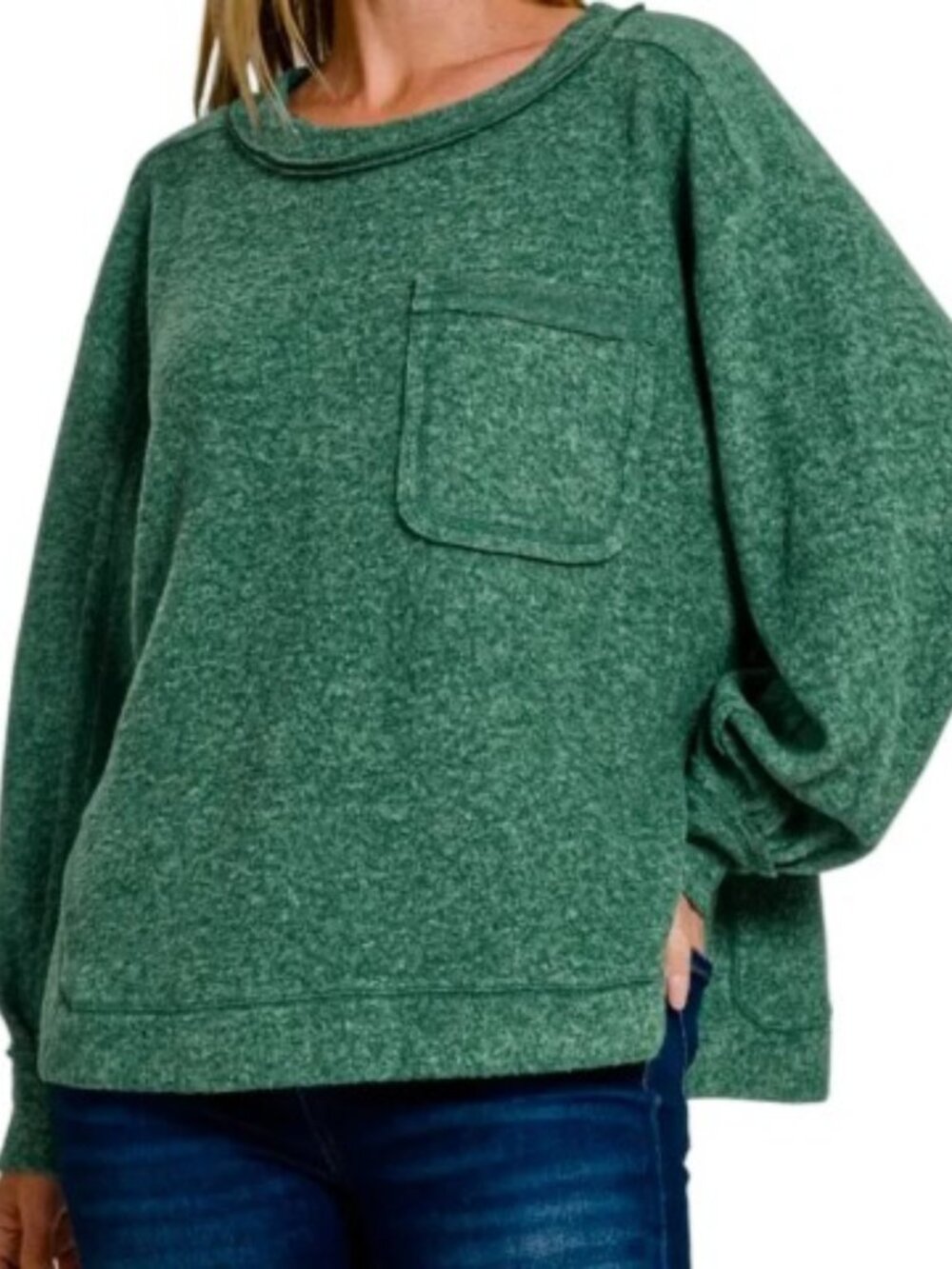New Dark Green Hacci Brushed Melange HACCI Hi-Low Hem Sweater